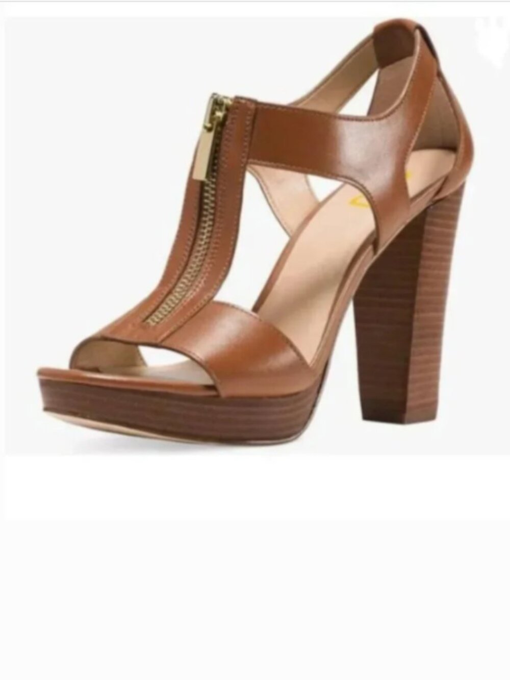 FSJ Brown Peep Toe T-Strap Front Zipper Chunky Stacked High Heel Cutout Sandal